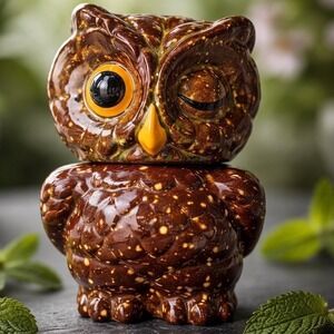 Vintage Winking Owl Ceramic Cookie Jar Canister Brown Speckled Glaze 11" Retro